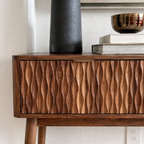 Modern Natural Wood Console Table With Textured Front And Open Shelf For Living Room