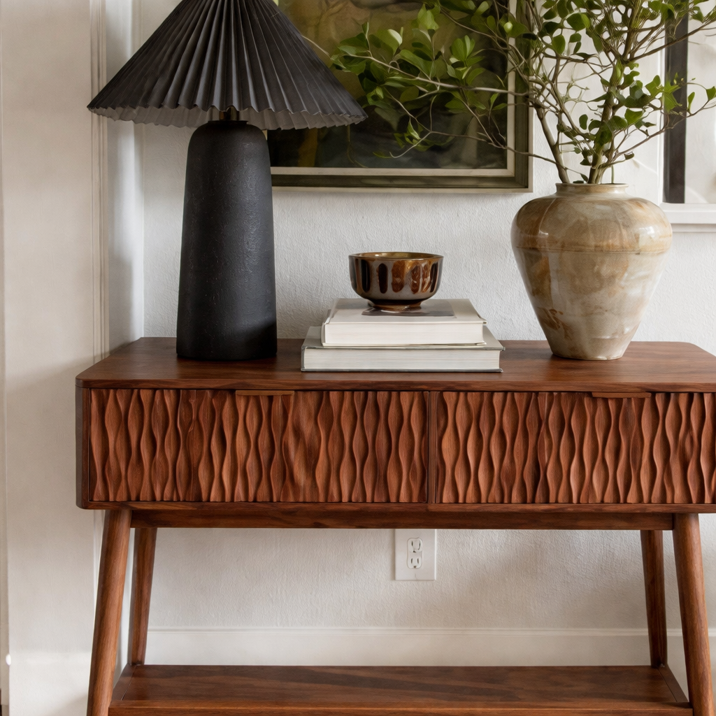 Modern Natural Wood Console Table With Textured Front And Open Shelf For Living Room