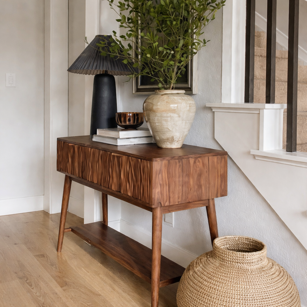 Modern Natural Wood Console Table With Textured Front And Open Shelf For Living Room