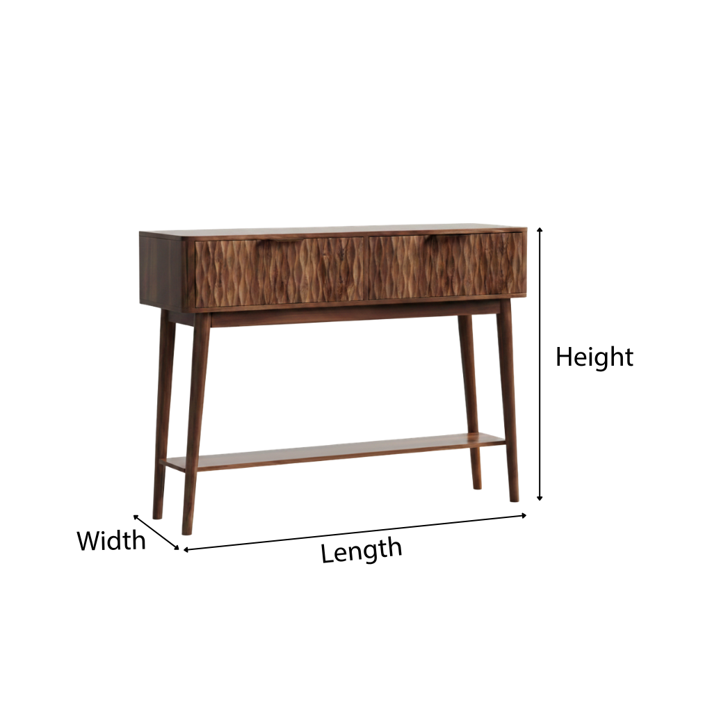 Modern Natural Wood Console Table With Textured Front And Open Shelf For Living Room