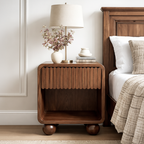 Modern Natural Wood Nightstand With Fluted Drawer Front And Open Shelf For Bedroom