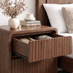 Modern Natural Wood Nightstand With Fluted Drawer Front And Open Shelf For Bedroom