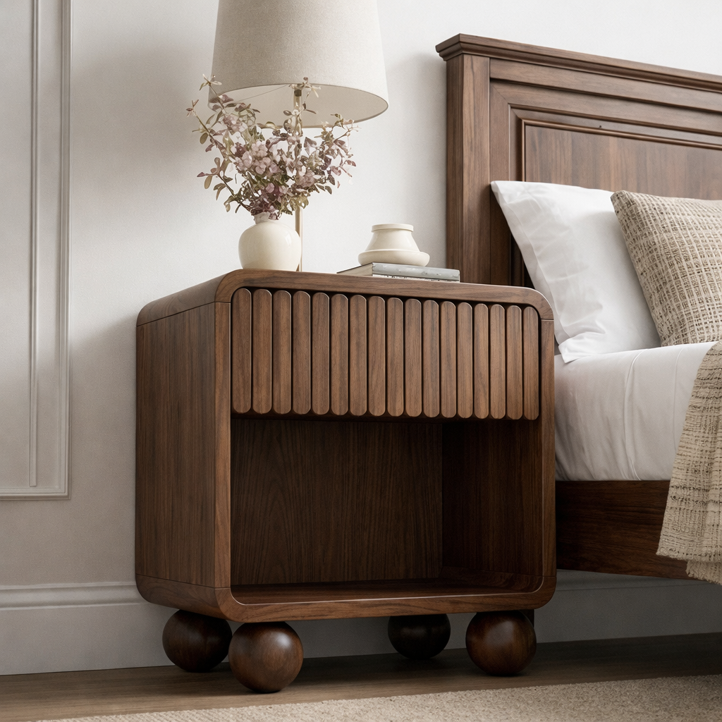 Modern Natural Wood Nightstand With Fluted Drawer Front And Open Shelf For Bedroom
