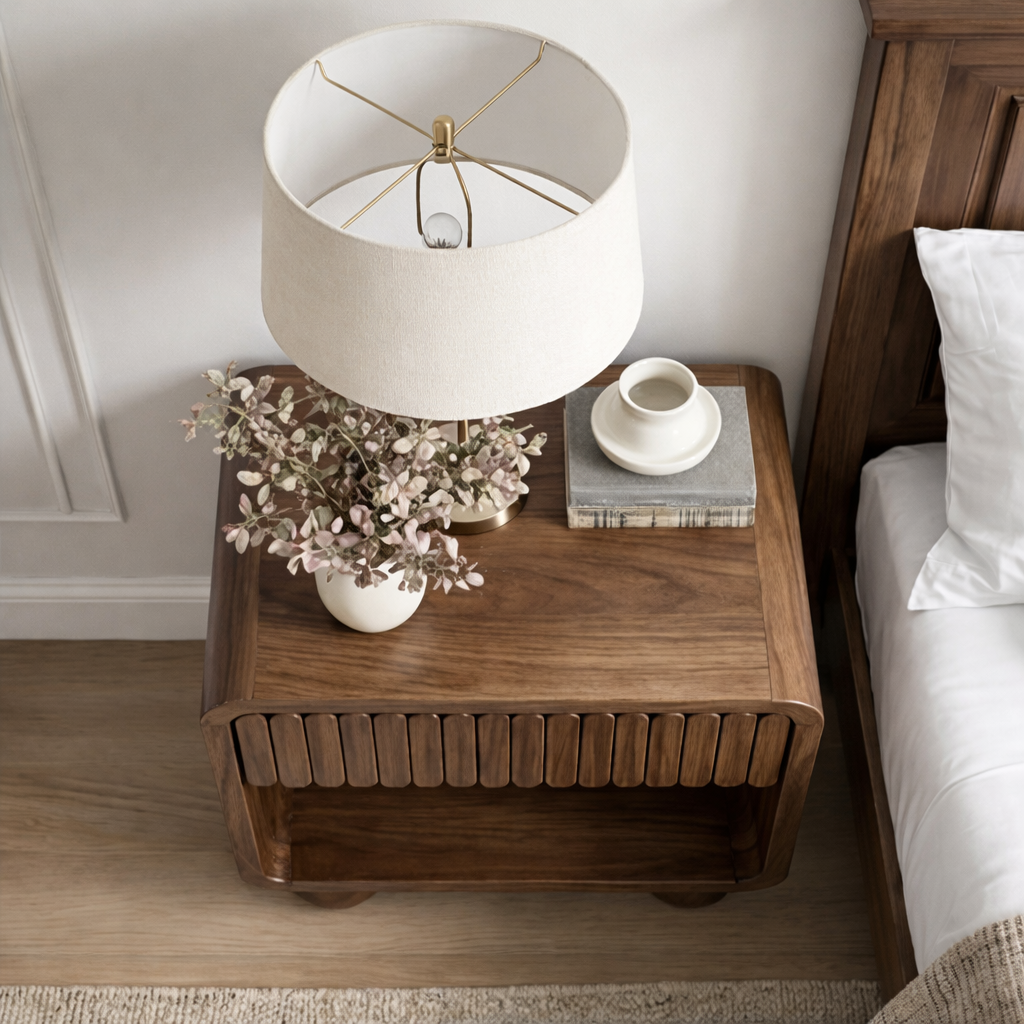 Modern Natural Wood Nightstand With Fluted Drawer Front And Open Shelf For Bedroom