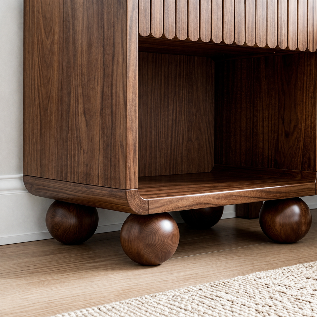 Modern Natural Wood Nightstand With Fluted Drawer Front And Open Shelf For Bedroom