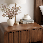 Modern Natural Wood Nightstand With Fluted Drawer Front And Open Shelf For Bedroom