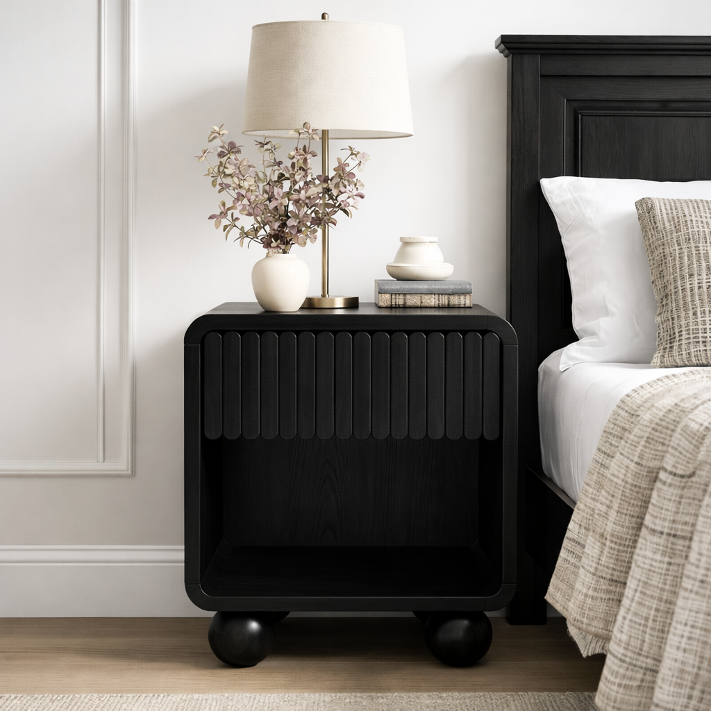 Modern Natural Wood Nightstand With Fluted Drawer Front And Open Shelf For Bedroom