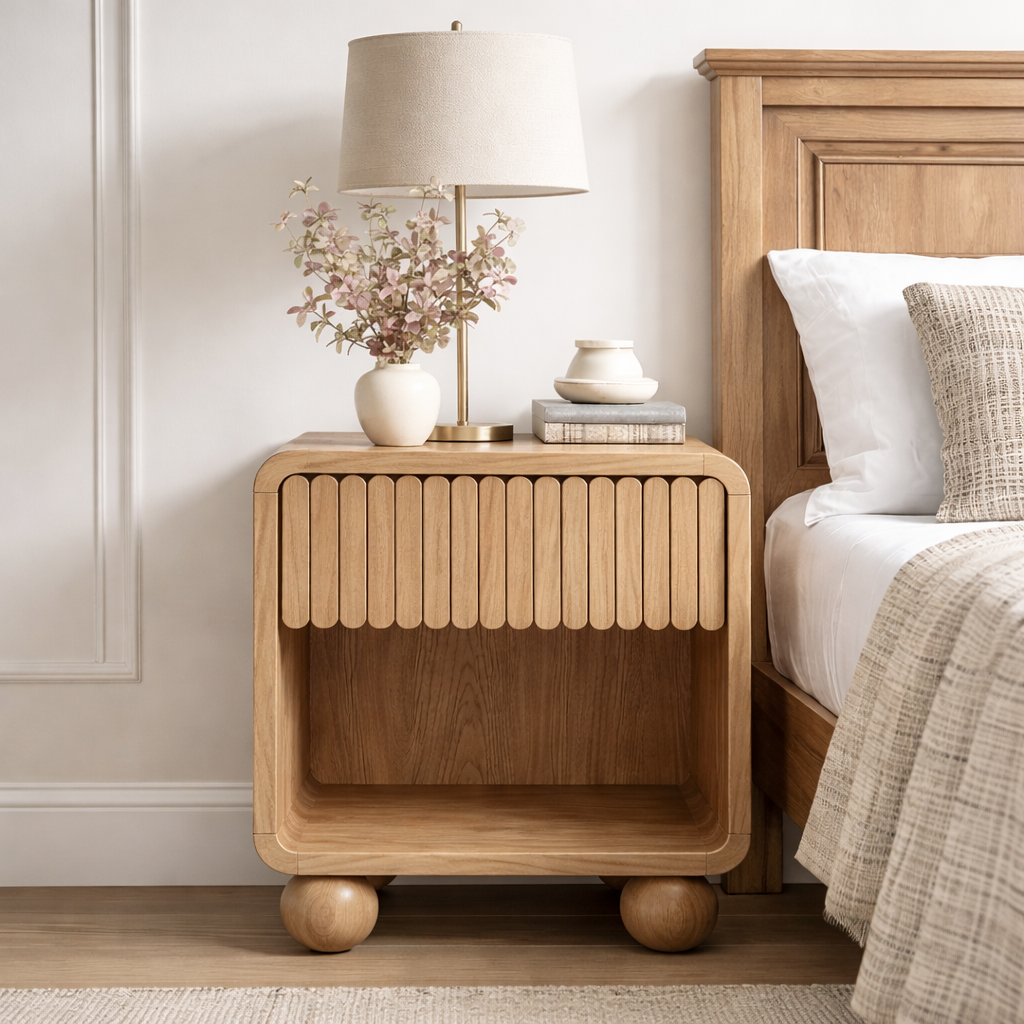 Modern Natural Wood Nightstand With Fluted Drawer Front And Open Shelf For Bedroom