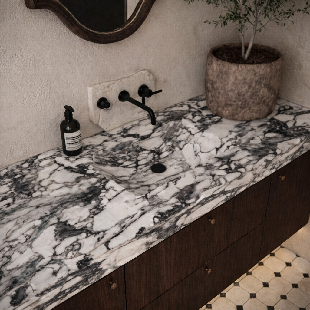 Modern Wooden Bathroom Vanity With Faux Marble Top And Floating Storage