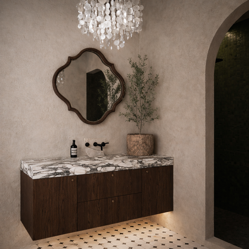 Modern Wooden Bathroom Vanity With Faux Marble Top And Floating Storage
