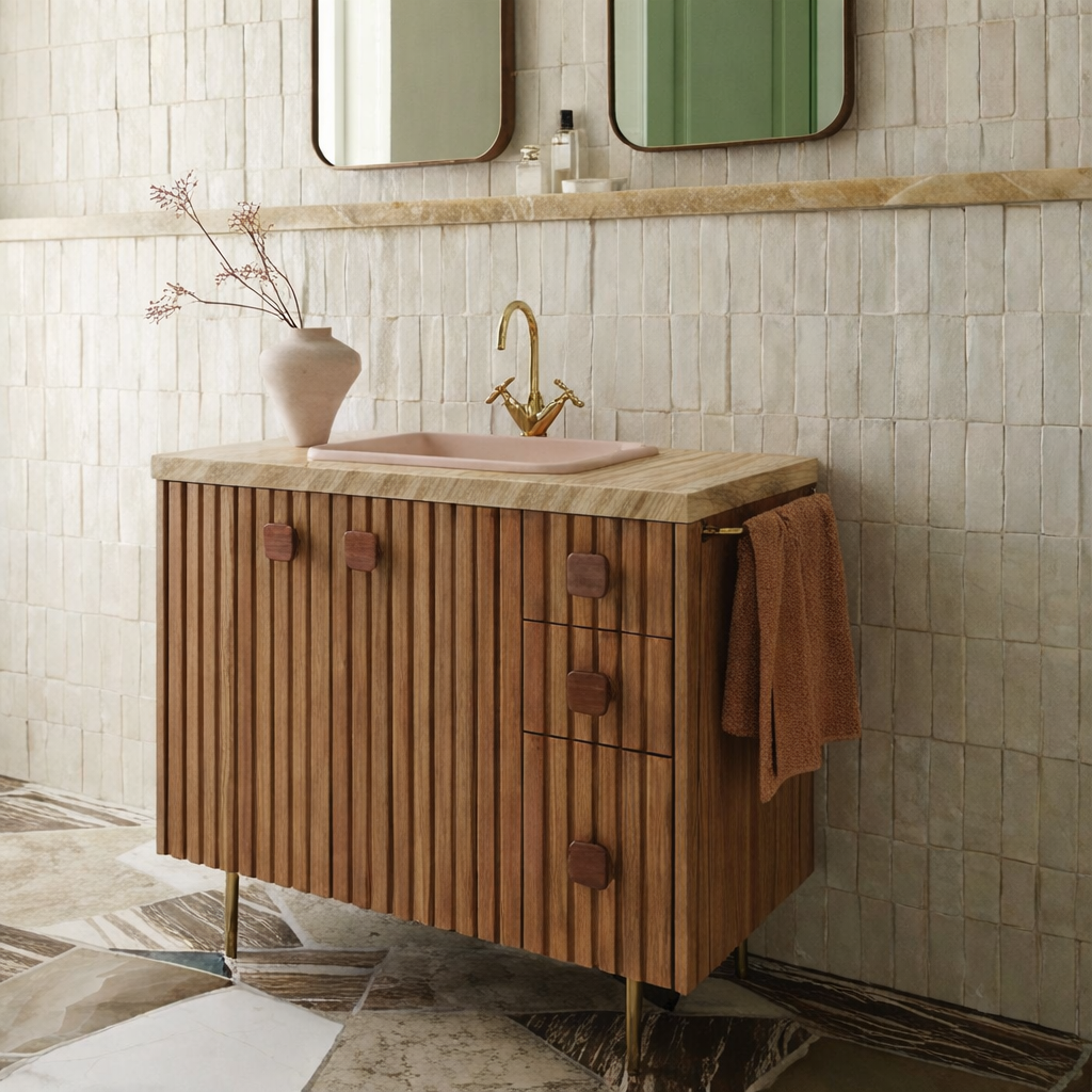 Modern Wooden Bathroom Vanity With Faux Wood Stone Top And Side Drawer Storage For Bathroom