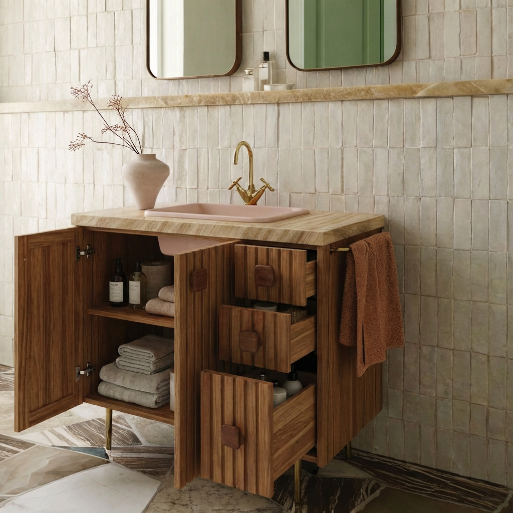 Modern Wooden Bathroom Vanity With Faux Wood Stone Top And Side Drawer Storage For Bathroom