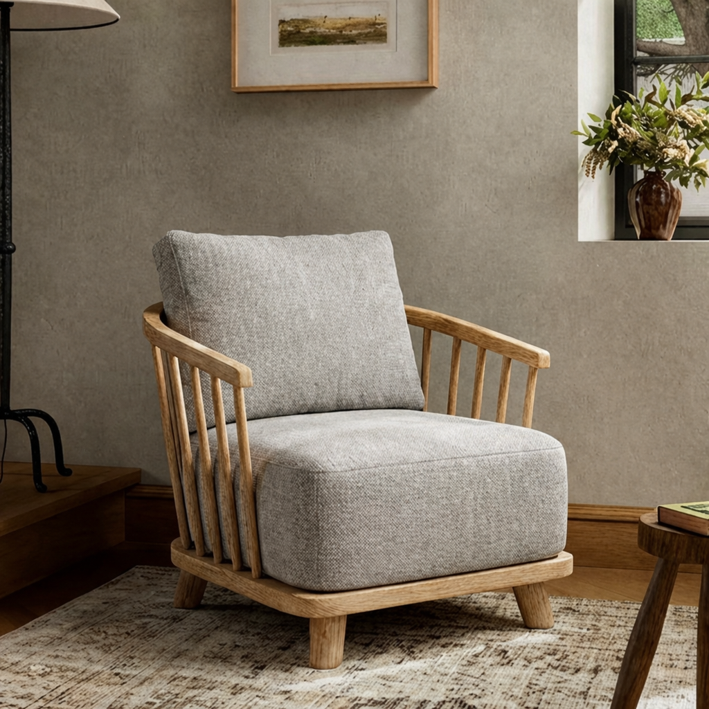 Scandinavian Accent Chair With Spindle Wood Frame And Upholstered Cushion For Living Room