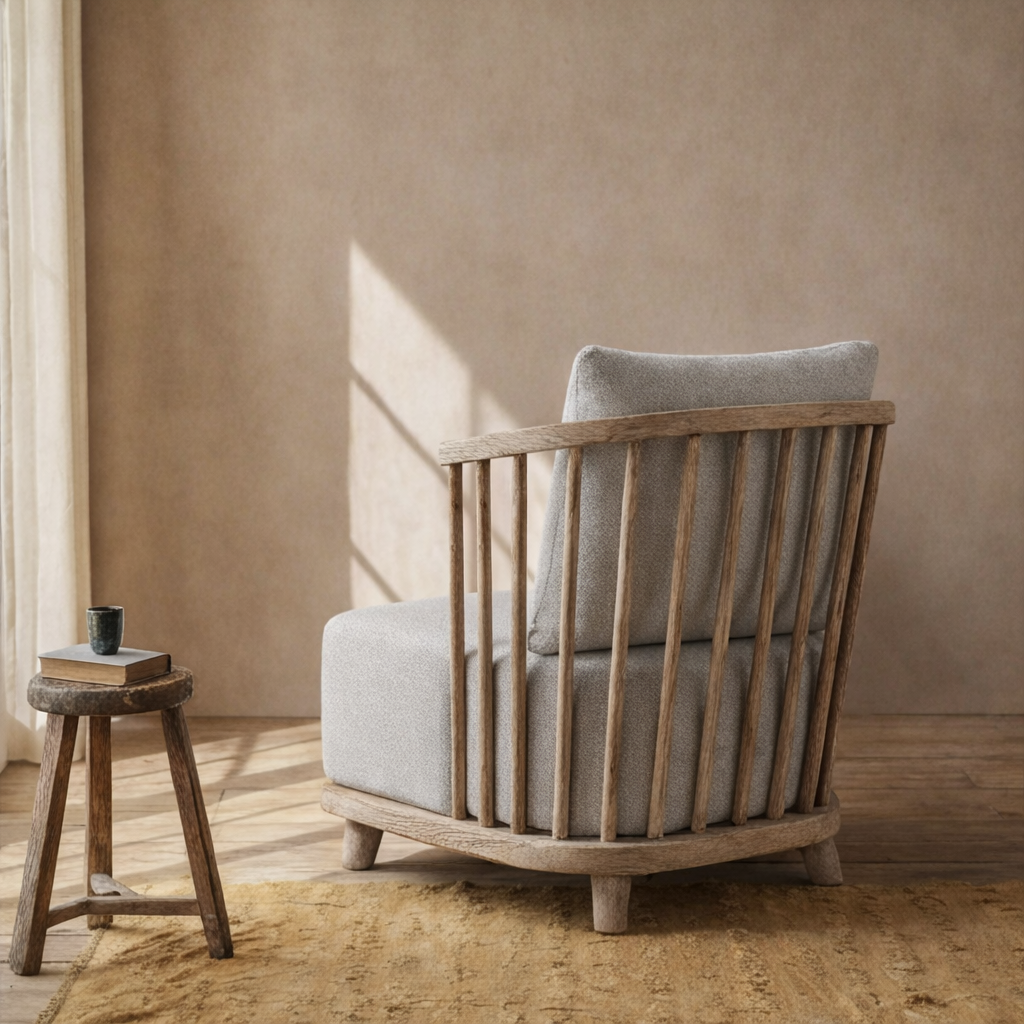 Scandinavian Accent Chair With Spindle Wood Frame And Upholstered Cushion For Living Room