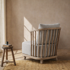 Scandinavian Accent Chair With Spindle Wood Frame And Upholstered Cushion For Living Room