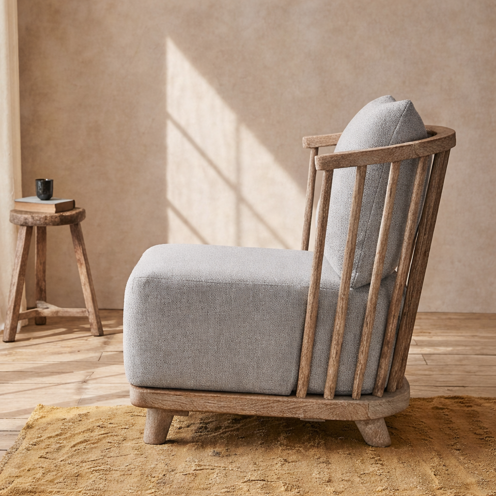 Scandinavian Accent Chair With Spindle Wood Frame And Upholstered Cushion For Living Room