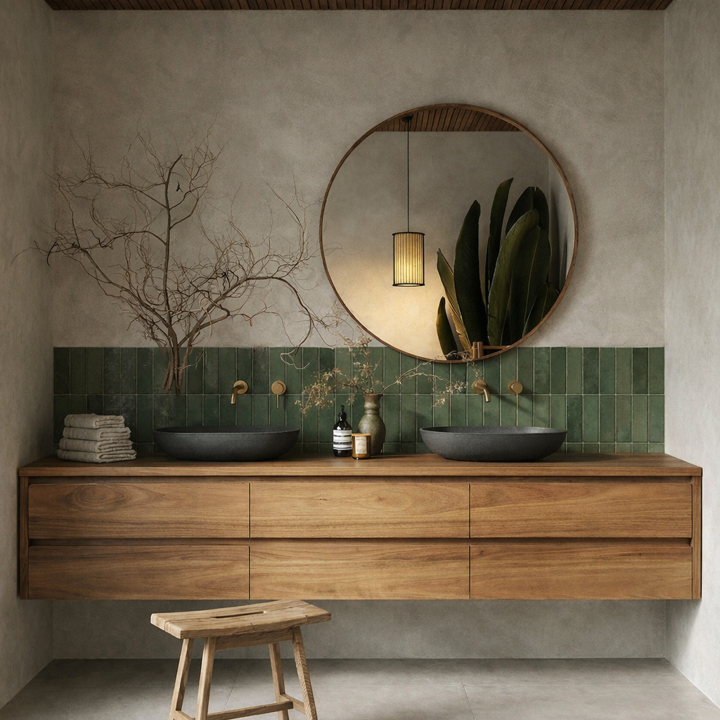 Scandinavian Bathroom Vanity With Natural Wood Finish And Integrated Storage For Bathroom