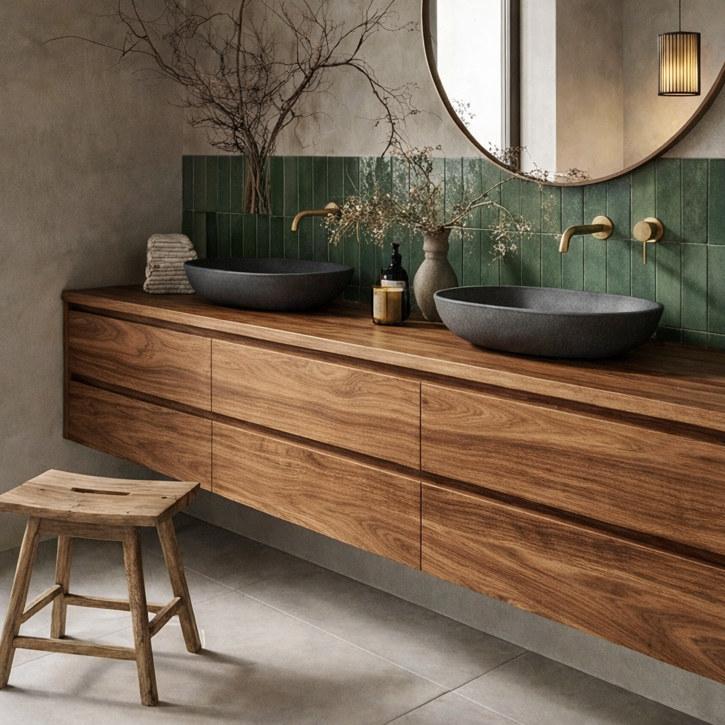 Scandinavian Bathroom Vanity With Natural Wood Finish And Integrated Storage For Bathroom