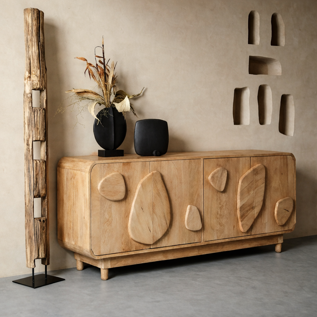 Scandinavian Cabinet With Carved Wood Elements And Softly Rounded Edges For Living Room