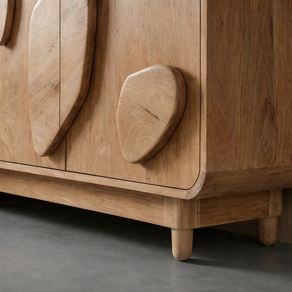 Scandinavian Cabinet With Carved Wood Elements And Softly Rounded Edges For Living Room
