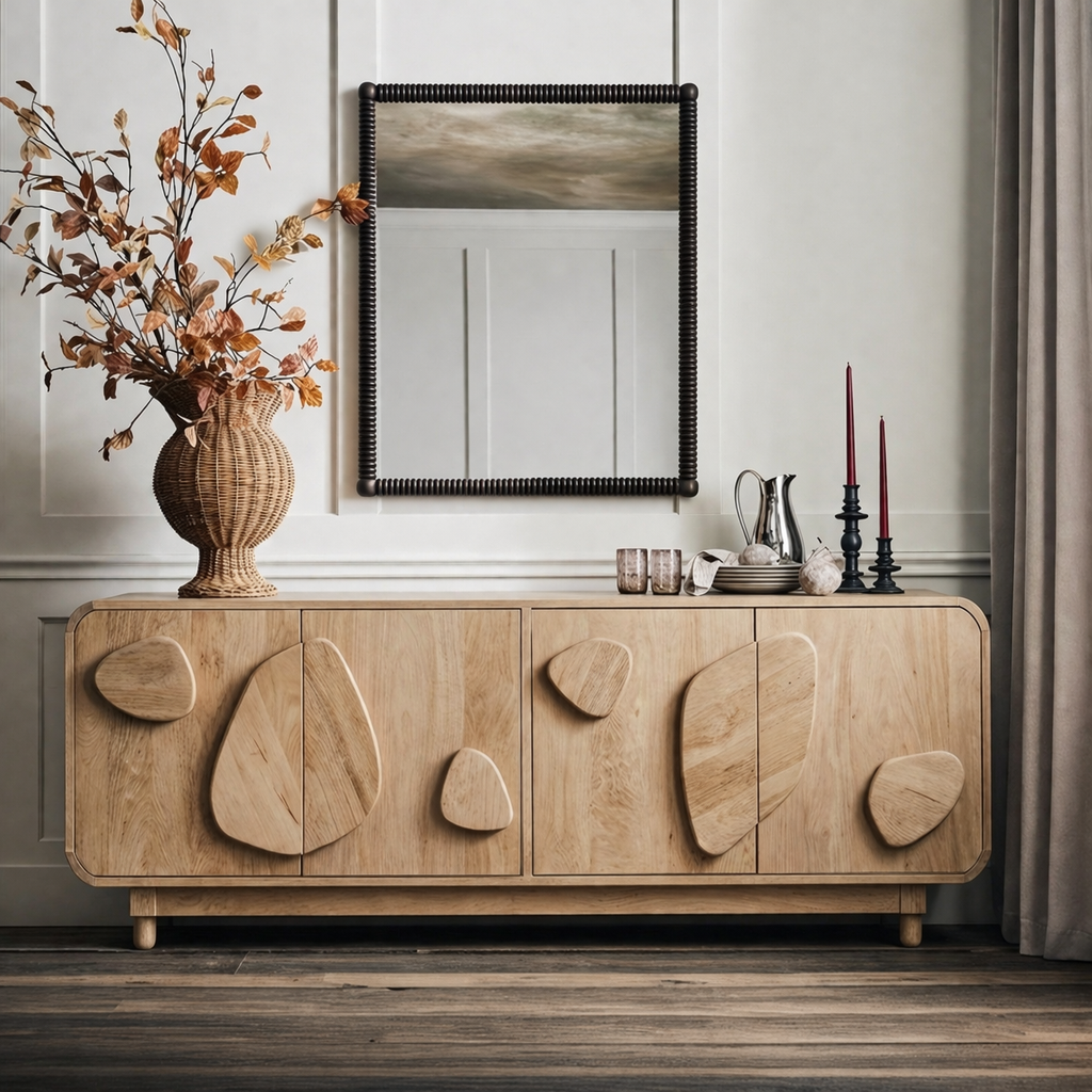 Scandinavian Cabinet With Carved Wood Elements And Softly Rounded Edges For Living Room