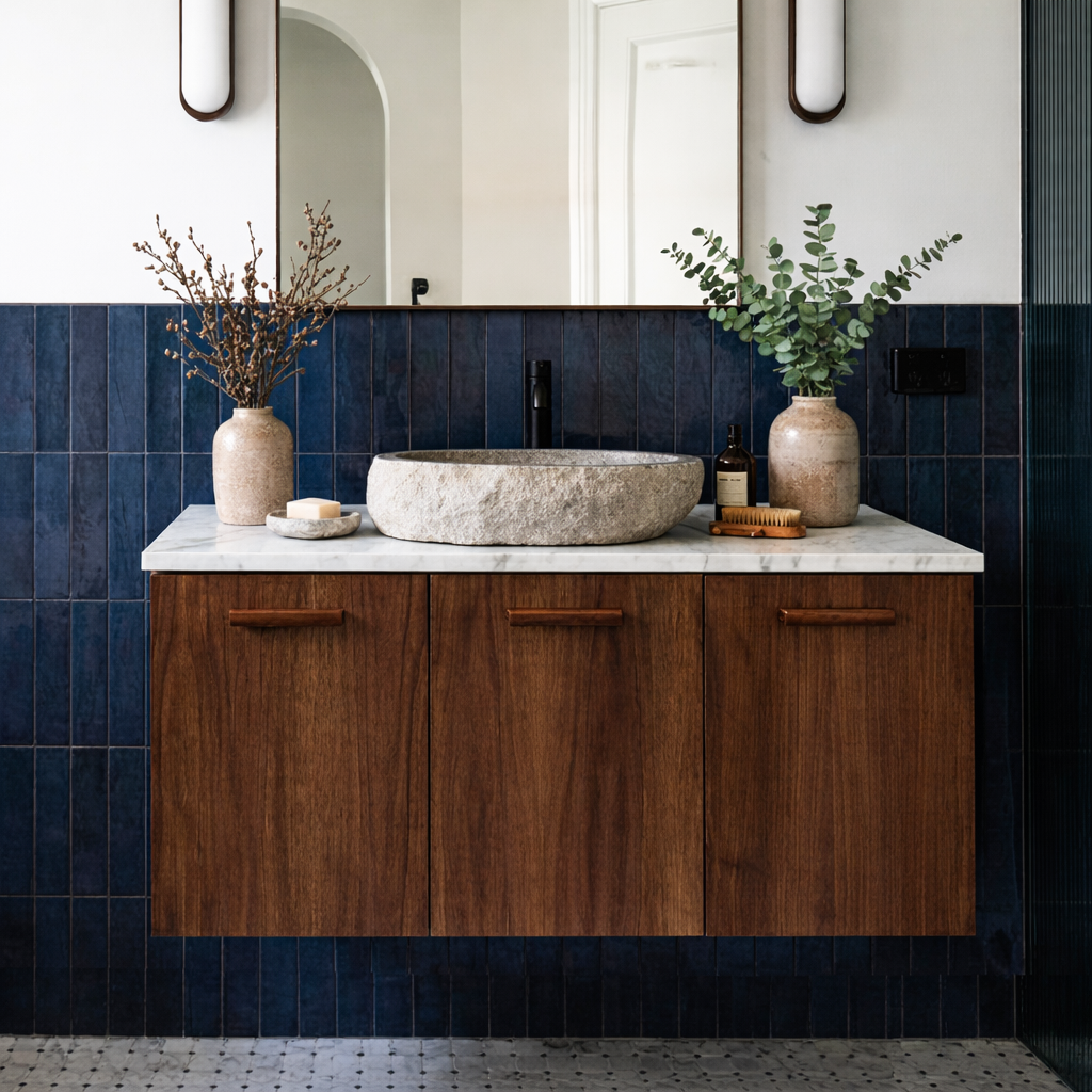 Scandinavian Wooden Bathroom Vanity With Faux Stone Top For Bathroom