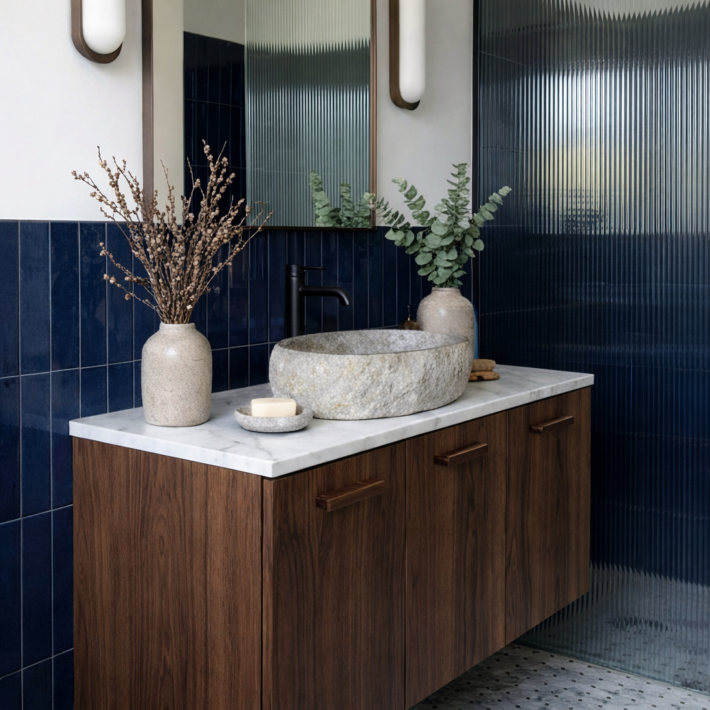Scandinavian Wooden Bathroom Vanity With Faux Stone Top For Bathroom