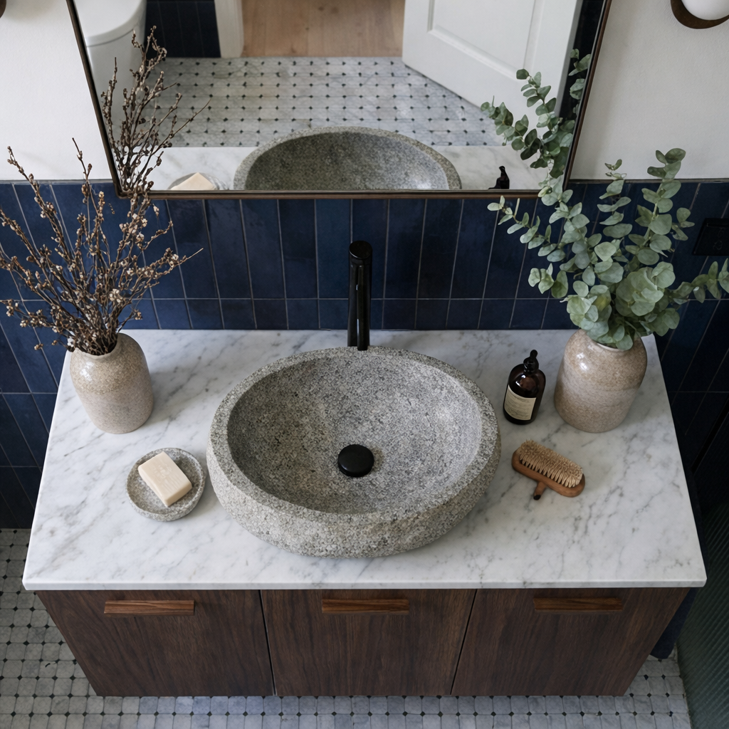 Scandinavian Wooden Bathroom Vanity With Faux Stone Top For Bathroom