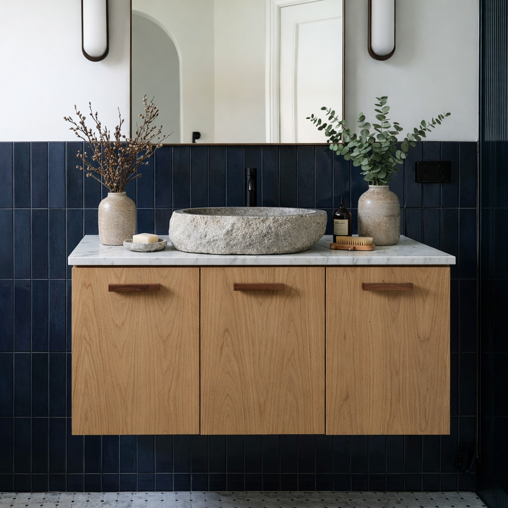 Scandinavian Wooden Bathroom Vanity With Faux Stone Top For Bathroom